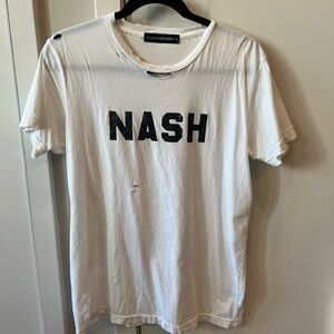 White Distressed Tee with Black 'NASH' Graphic
